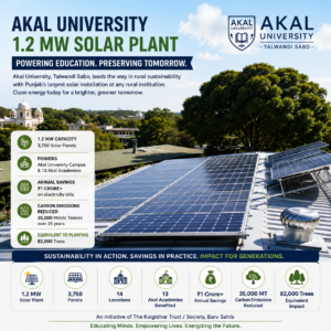 Solar panels installed at Akal University Talwandi Sabo as part of the 1.2 MW solar power project supplying clean energy to the university campus and 13 Akal Academies in Punjab.